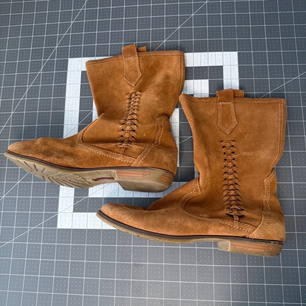 Western Boho Earthy Slouchy Suede Woven Lattice Boots Size 9M Festival Neutral